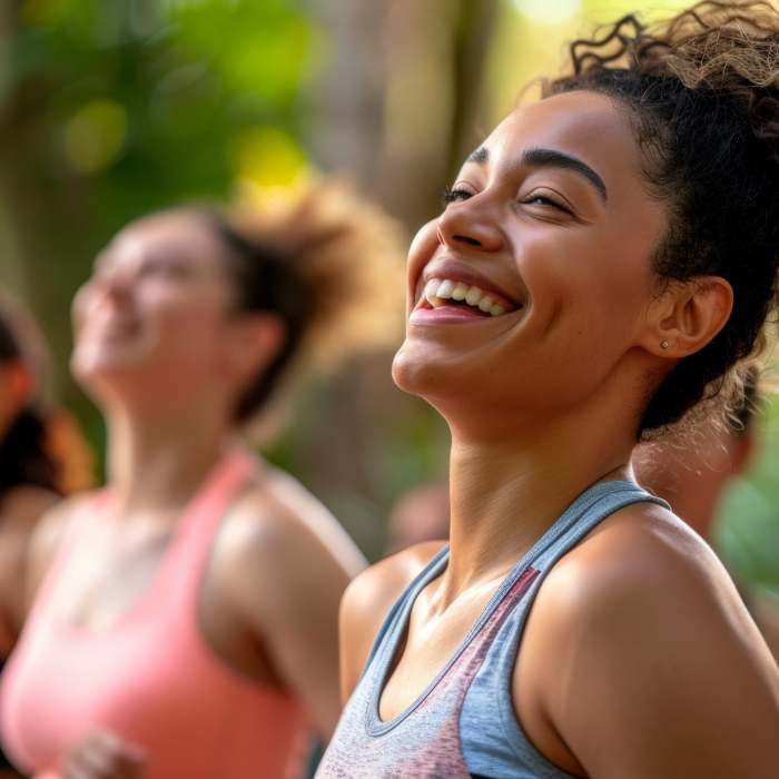 Ashwagandha Supplements - The Good Stuff: Happy woman smiling during outdoor exercise with a group, promoting wellness and vitality.