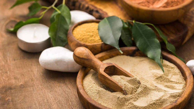 Ayurvedic Supplements - The Good Stuff: Wooden bowls with Ayurvedic powders, green leaves, and a candle, creating a natural wellness setting.