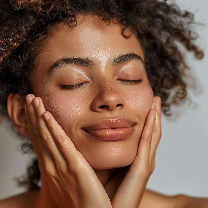 A woman with glowing, hydrated skin, gently touching her face, representing the nourishing and natural skincare benefits of Dr. Hauschka products from The Good Stuff.