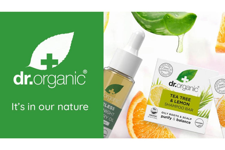 Dr Organic products featuring Timeless Night Repair Oil and Tea Tree & Lemon Shampoo Bar with tagline 'It's in our nature'.