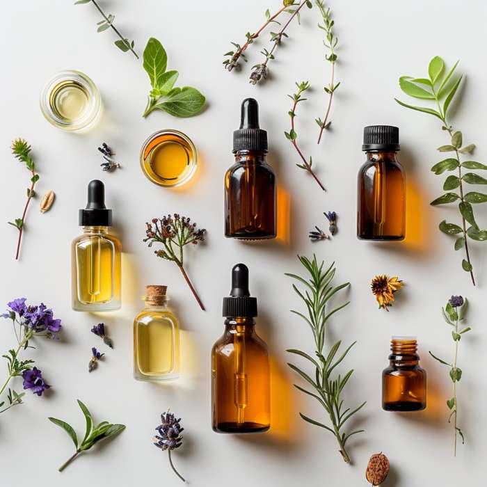 A collection of amber and clear glass bottles filled with essential oils, surrounded by fresh herbs and flowers, showcasing the natural essence of The Good Stuff products.