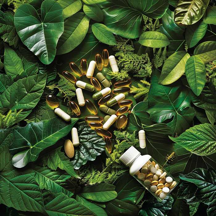 A variety of herbal supplements, including capsules and soft gels, scattered on a lush bed of green leaves, highlighting the natural ingredients used in The Good Stuff's herbal supplements.