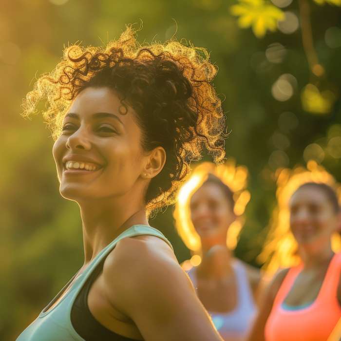 Woman smiling outdoors with friends, highlighting the benefits of Joint Supplements from The Good Stuff for active living.