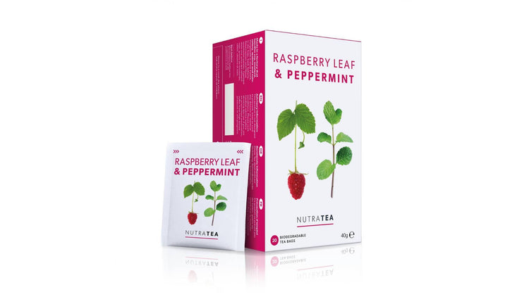 Raspberry Leaf & Peppermint Tea by NutraTea - 20 biodegradable tea bags with natural ingredients for wellness and digestive support.