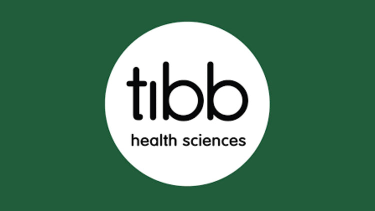 Tibb Health Sciences logo, with a white circle and black text on a green background.