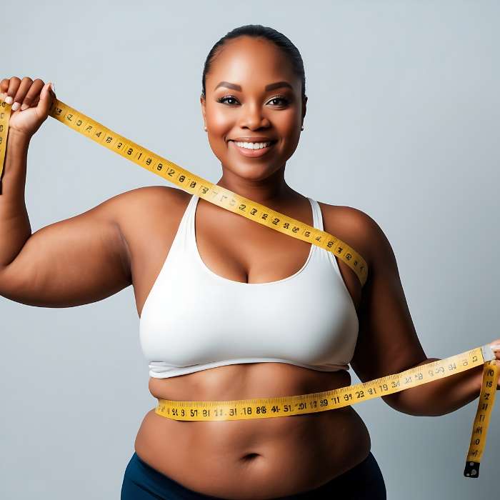 Smiling woman measuring her waist with a yellow tape measure, representing successful results with Weight Loss Supplements.