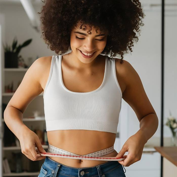 Smiling woman measuring her waist with a tape measure, showcasing positive results with weight management.