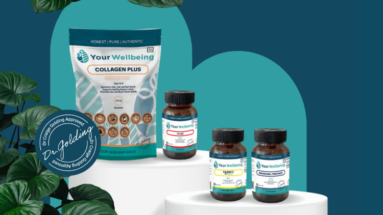 Your Wellbeing supplements and Collagen Plus product range by The Good Stuff, promoting health for skin, hair, nails, and overall wellness.