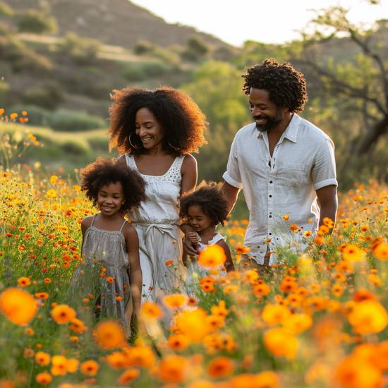 Happy and healthy black family walking in beautiful field of orange flowers talking about supplements