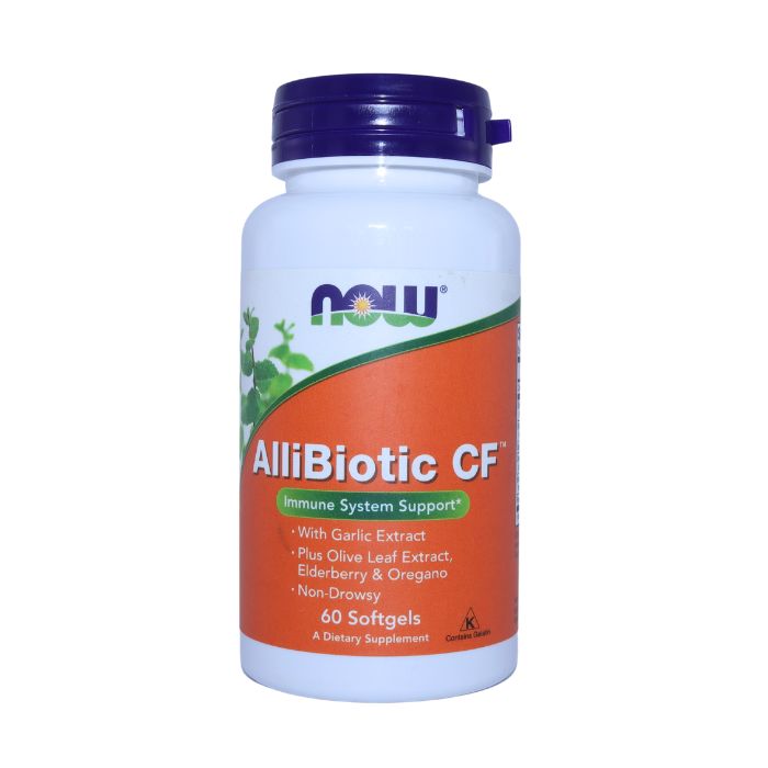 NOW AlliBiotic CF dietary supplement bottle with blue cap and orange label, designed for immune system support, containing 60 softgels with garlic extract, olive leaf extract, elderberry, and oregano.