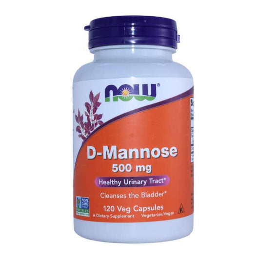 NOW D-Mannose 500mg bottle, 120 Veg Capsules, for healthy urinary tract support, shown with clear label and ingredients.