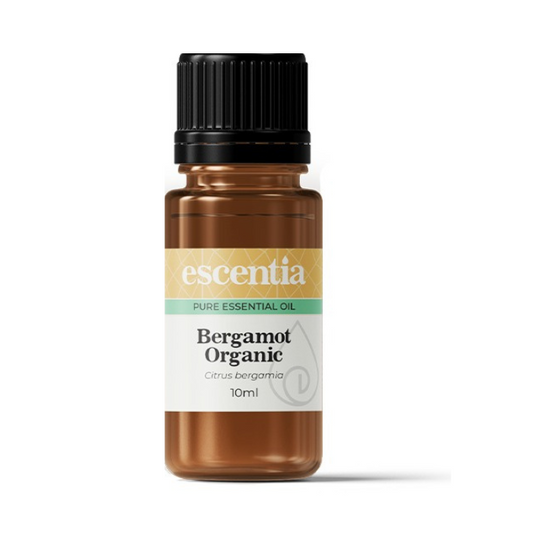 Escentia Bergamot Organic Essential Oil – 100% pure, uplifting citrus oil for aromatherapy, skincare, and relaxation, 10ml bottle.