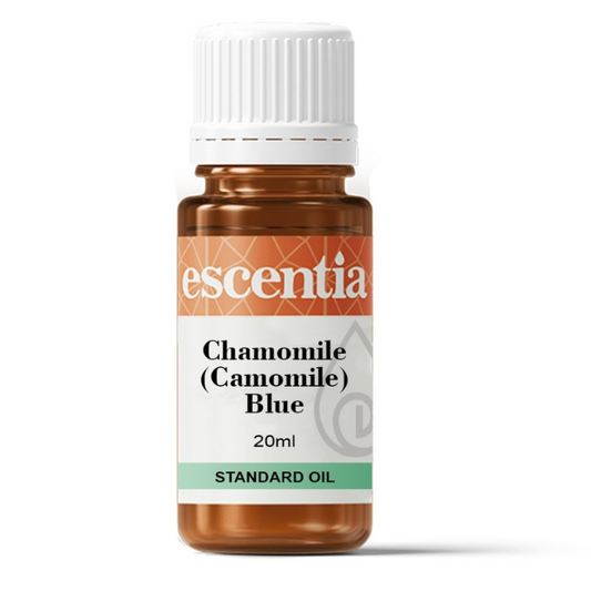 "Escentia Blue Chamomile Essential Oil 20ml, 100% pure Chamomilla recutita oil, known for its calming, soothing, and anti-inflammatory properties."