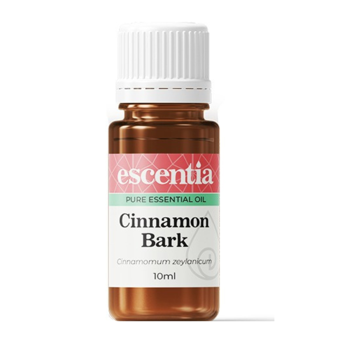 "Escentia Cinnamon Bark Essential Oil 10ml, 100% pure Cinnamomum zeylanicum oil, known for its warm, spicy aroma and digestive support benefits."