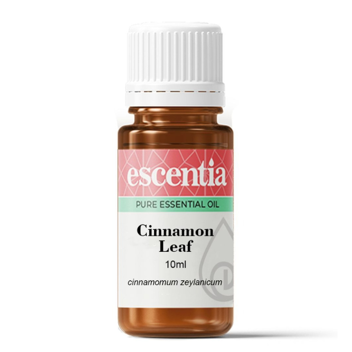 "Escentia Cinnamon Leaf Essential Oil 10ml, 100% pure Cinnamomum zeylanicum oil, known for its warming, antimicrobial, and soothing properties."