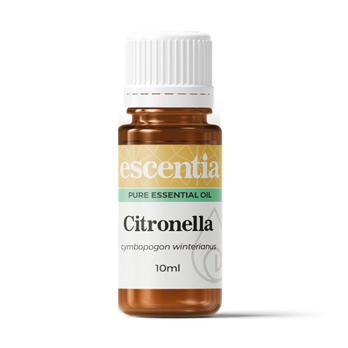 "Escentia Citronella Pure Essential Oil 10ml, 100% natural Cymbopogon winterianus oil, known for its insect-repellent and skin-soothing properties."