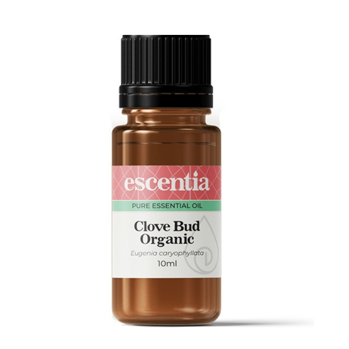 "Escentia Clove Bud Organic Essential Oil 10ml, 100% pure Eugenia caryophyllata oil, known for its warming, soothing, and antimicrobial properties."