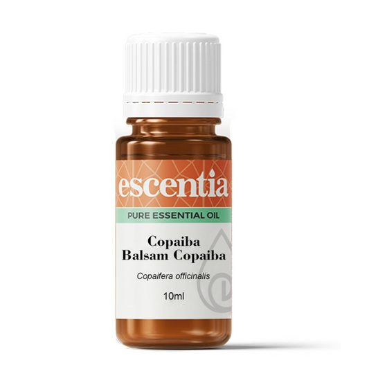 "Escentia Copaiba Balsam Essential Oil 10ml, 100% pure Copaifera officinalis oil, known for its calming, anti-inflammatory, and healing properties."