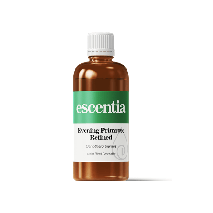 Escentia Evening Primrose Refined Oil – A nourishing carrier oil for skincare, promoting hydration, elasticity, and overall skin health, 100ml bottle.