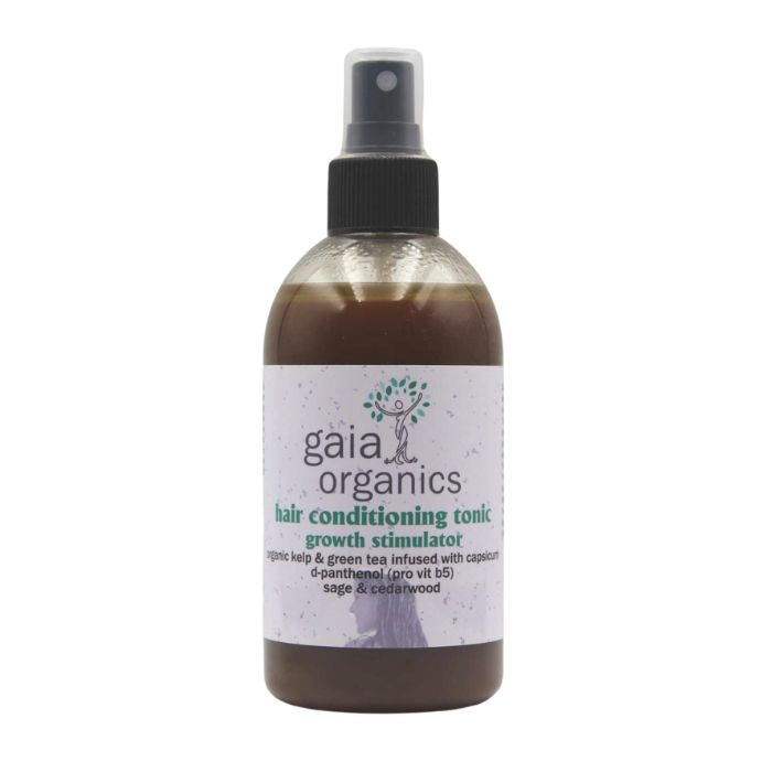 Gaia Organics Hair Conditioning Tonic and Growth Stimulator with organic kelp, green tea, pro-vitamin B5, sage, and cedarwood.