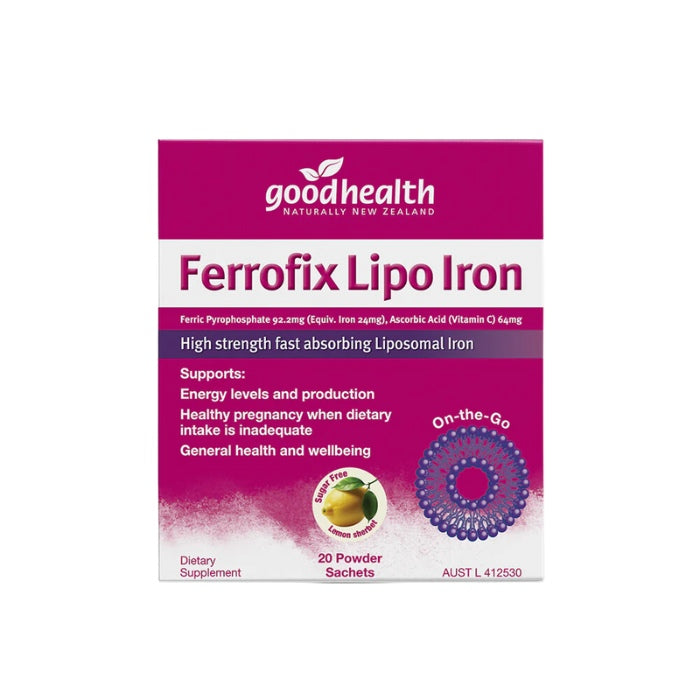 Good Health Ferrofix Lipo Iron, 20 powder sachets, supporting energy levels, healthy pregnancy, and general health with fast-absorbing iron.