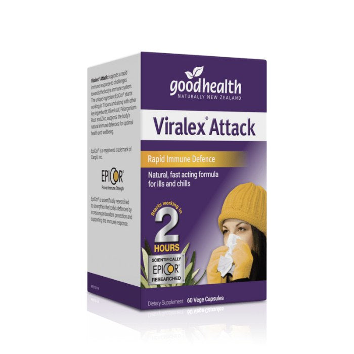 Good Health Viralex Attack 60 vege capsules, rapid immune defence with EpiCor, providing fast-acting support for ills and chills.