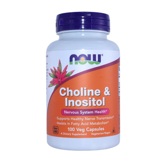 NOW Choline & Inositol bottle front view highlighting benefits for nervous system health and fatty acid metabolism.
