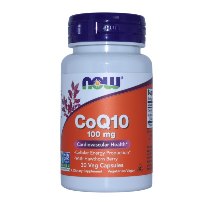 NOW CoQ10 100mg bottle front view for cardiovascular health and energy production with added Hawthorn Berry.