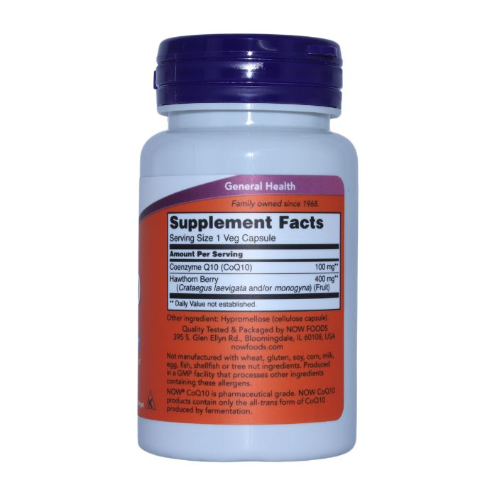 NOW CoQ10 100mg supplement facts showing Coenzyme Q10 and Hawthorn Berry content for heart health support.