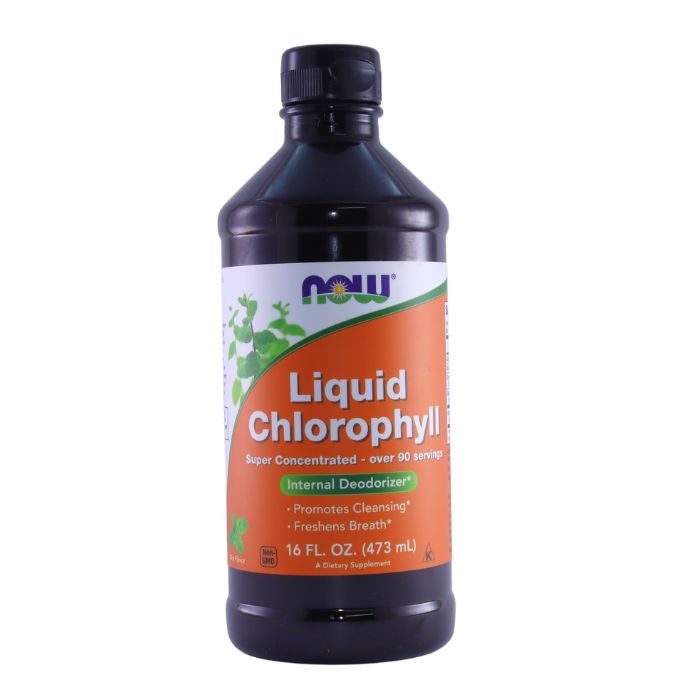 Front view of NOW Liquid Chlorophyll 16 fl. oz. (473 mL) bottle, super concentrated internal deodorizer for cleansing and fresh breath.