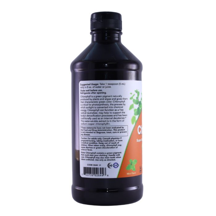 Back view of NOW Liquid Chlorophyll bottle, showing suggested usage instructions and cautionary information.