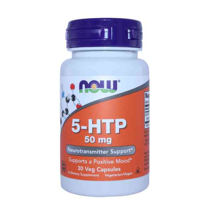 NOW 5-HTP 50 mg dietary supplement bottle with a blue cap and orange label, providing neurotransmitter support and promoting a positive mood.
