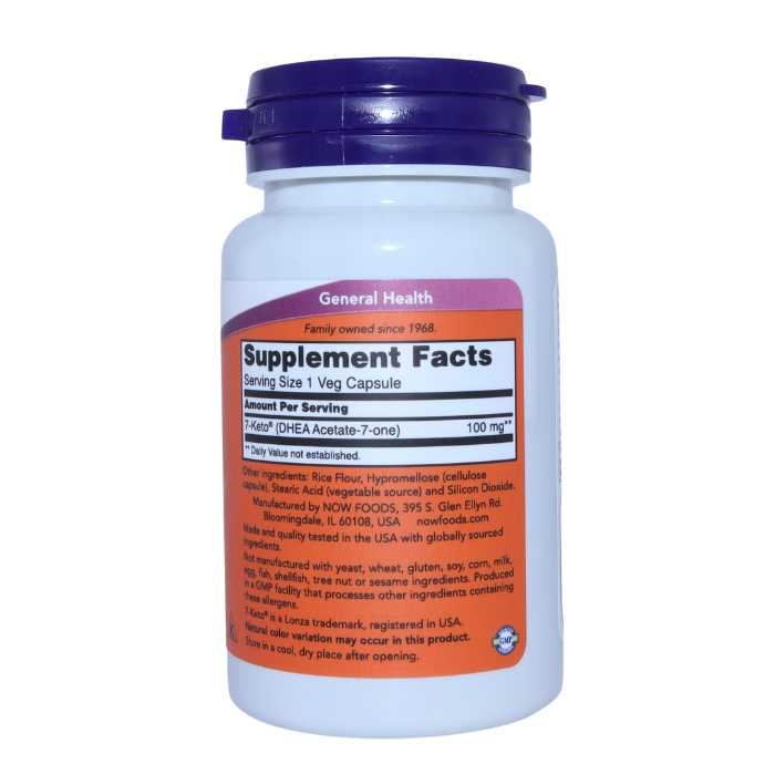 Supplement facts of NOW 7-Keto 100mg - detailed ingredients and manufacturing info.