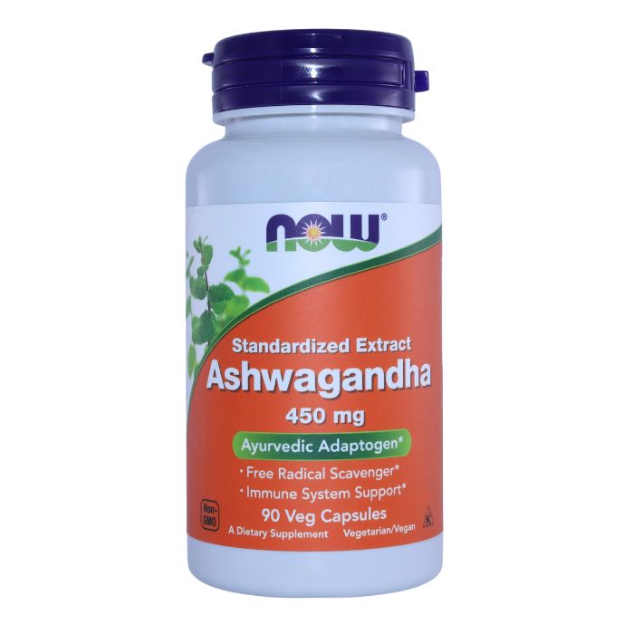 NOW Ashwagandha 450 mg dietary supplement bottle with a blue cap and orange label, providing immune system support and acting as an Ayurvedic adaptogen, containing 90 vegetarian capsules.