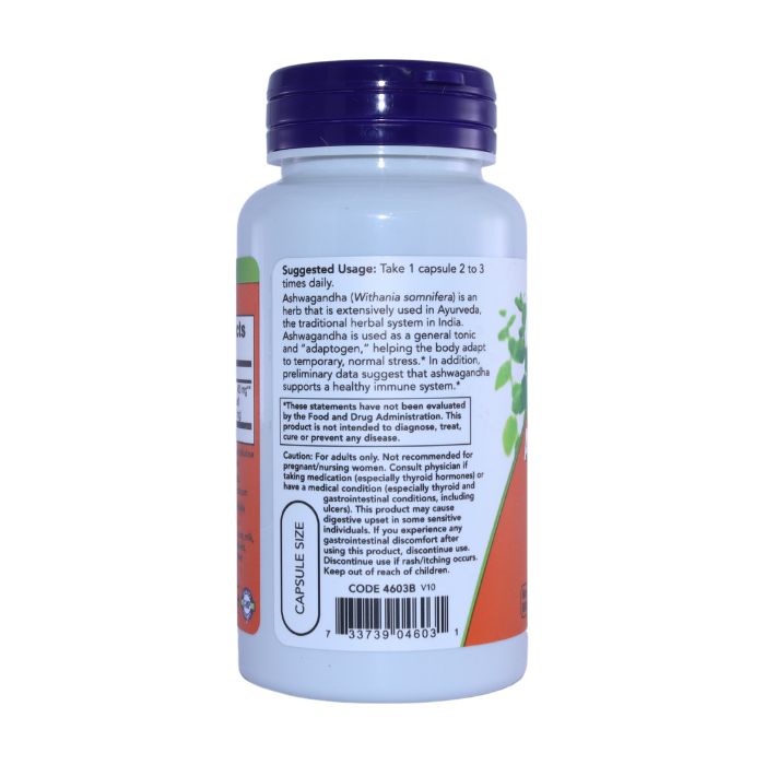 Suggested usage and cautionary information on the NOW Ashwagandha label, advising on dosage and highlighting the product's role in managing stress and supporting immune health