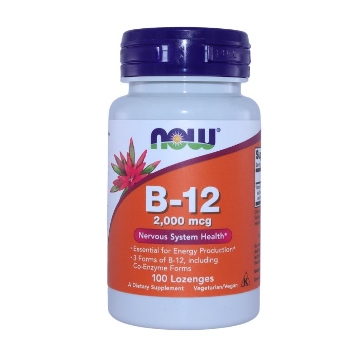 NOW B-12 2,000 mcg dietary supplement bottle with blue cap and orange label, supporting nervous system health and energy production, containing 100 lozenges.