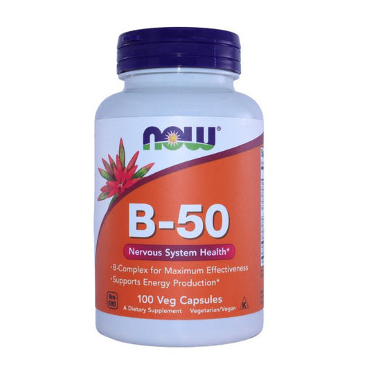 NOW B-50 dietary supplement bottle with blue cap and orange label, promoting nervous system health and energy production, containing 100 vegetarian capsules.