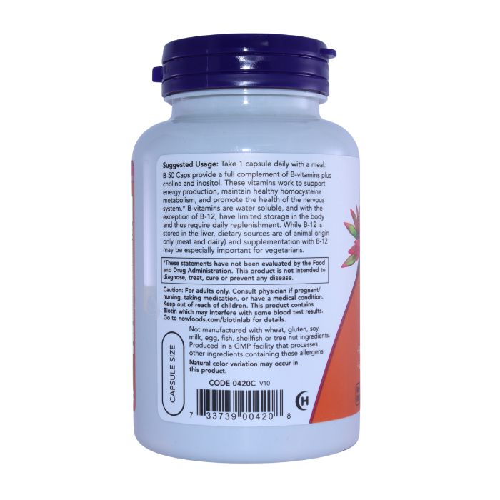 Side view of NOW B-50 bottle with usage instructions and product description, explaining the benefits of B vitamins for energy production and maintaining homocysteine metabolism.