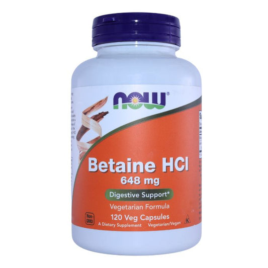 NOW Betaine HCL 648 mg dietary supplement bottle with blue cap and orange label, designed for digestive support, containing 120 vegetarian capsules.