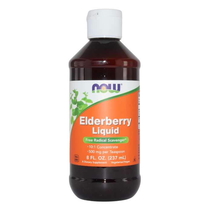 Front view of NOW Elderberry Liquid 500 mg, 237 mL bottle for immune support, showcasing label and product details.