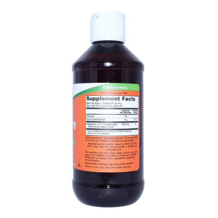 Back view of NOW Elderberry Liquid 500 mg, 237 mL bottle, displaying supplement facts and ingredients list.