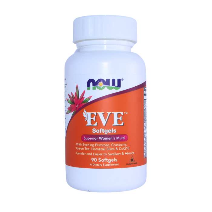 A white bottle of NOW Eve Softgels, a superior women's multi-vitamin supplement with ingredients like Evening Primrose and Cranberry.