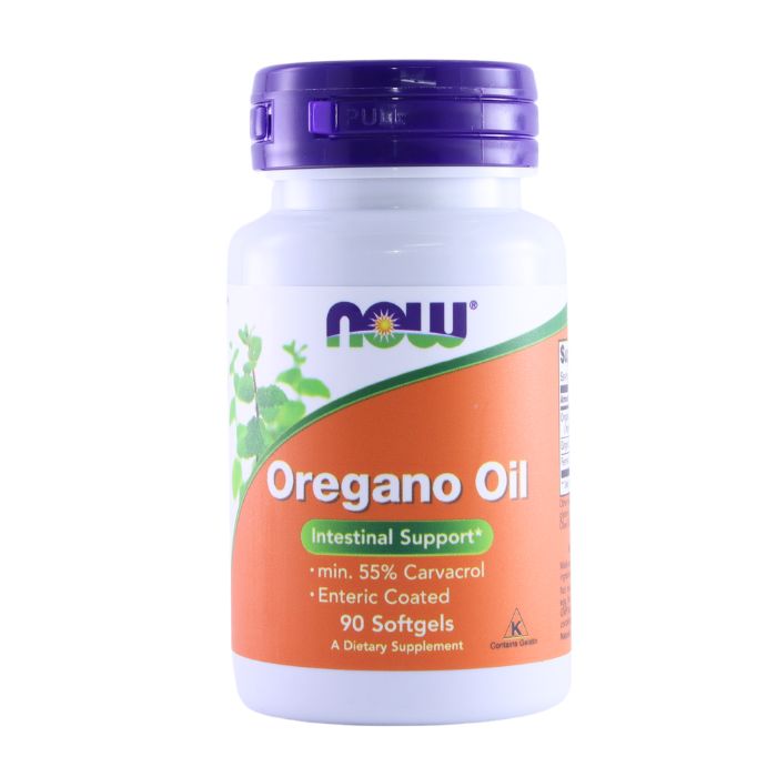 Front view of NOW Oregano Oil supplement bottle, containing 90 softgels for intestinal support.