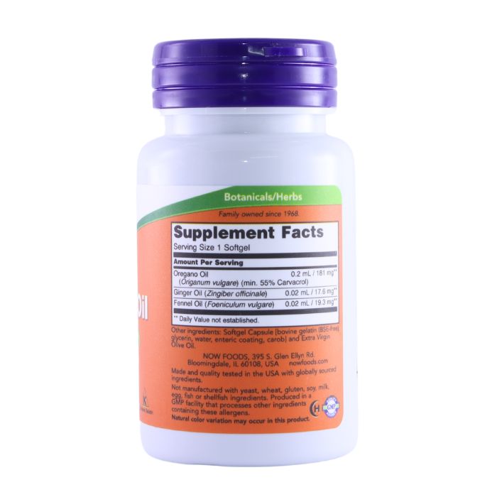 Side view of NOW Oregano Oil supplement bottle, displaying the supplement facts and ingredients list.