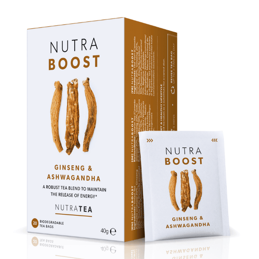 NutraTea NutraBoost Ginseng & Ashwagandha – A revitalizing tea blend designed to support energy release and stamina, 20 biodegradable bags.