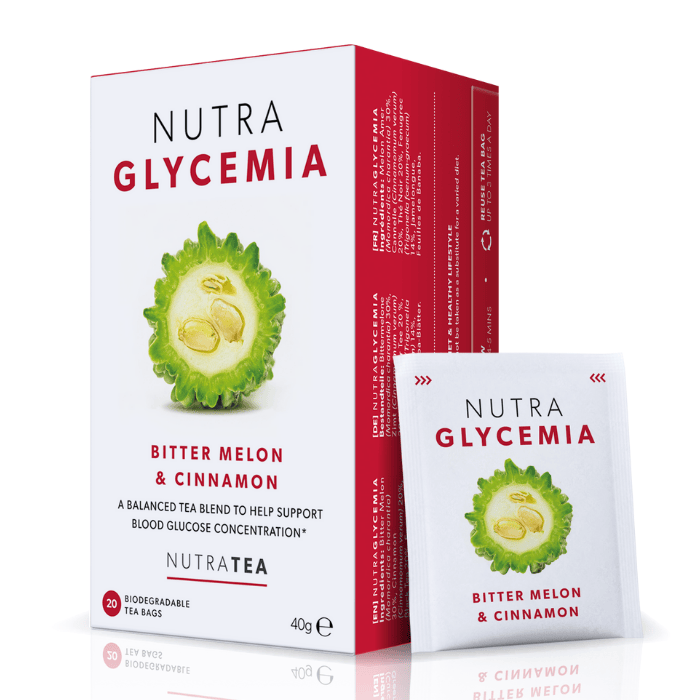 NutraTea NutraGlycemia Bitter Melon & Cinnamon – A balanced tea blend designed to support healthy blood glucose levels, 20 biodegradable bags.