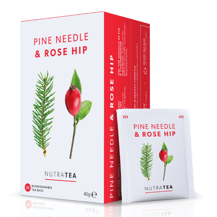 NutraTea Pine Needle & Rose Hip Tea – A refreshing herbal blend combining pine needle and rose hip to support immunity and well-being, 20 biodegradable bags.