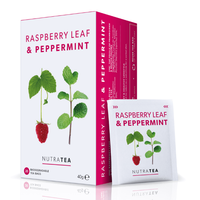 NutraTea Raspberry Leaf & Peppermint Tea – A soothing herbal blend combining raspberry leaf and peppermint for digestive support, 20 biodegradable bags.