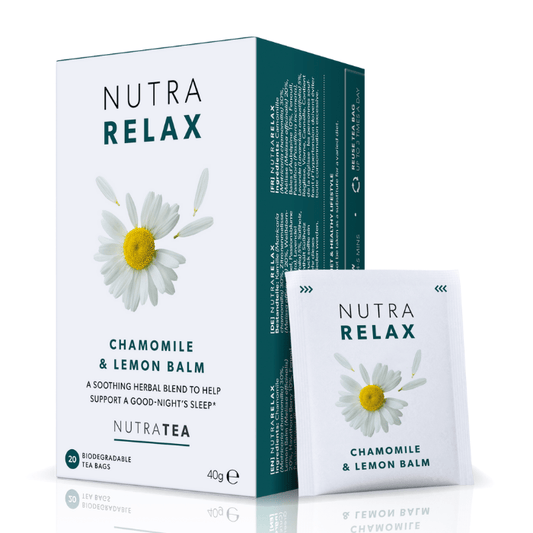 NutraTea NutraRelax Chamomile & Lemon Balm – A soothing herbal tea blend to promote relaxation and better sleep, 20 biodegradable bags.