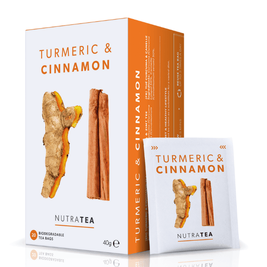 NutraTea Turmeric & Cinnamon – A warming herbal tea blend combining turmeric and cinnamon to support digestion and overall wellness, 20 biodegradable bags.